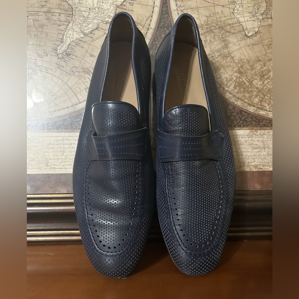 Giardini • Men’s Navy Leather Perforated Penny Loafers • Dress • EU 42 / US 9